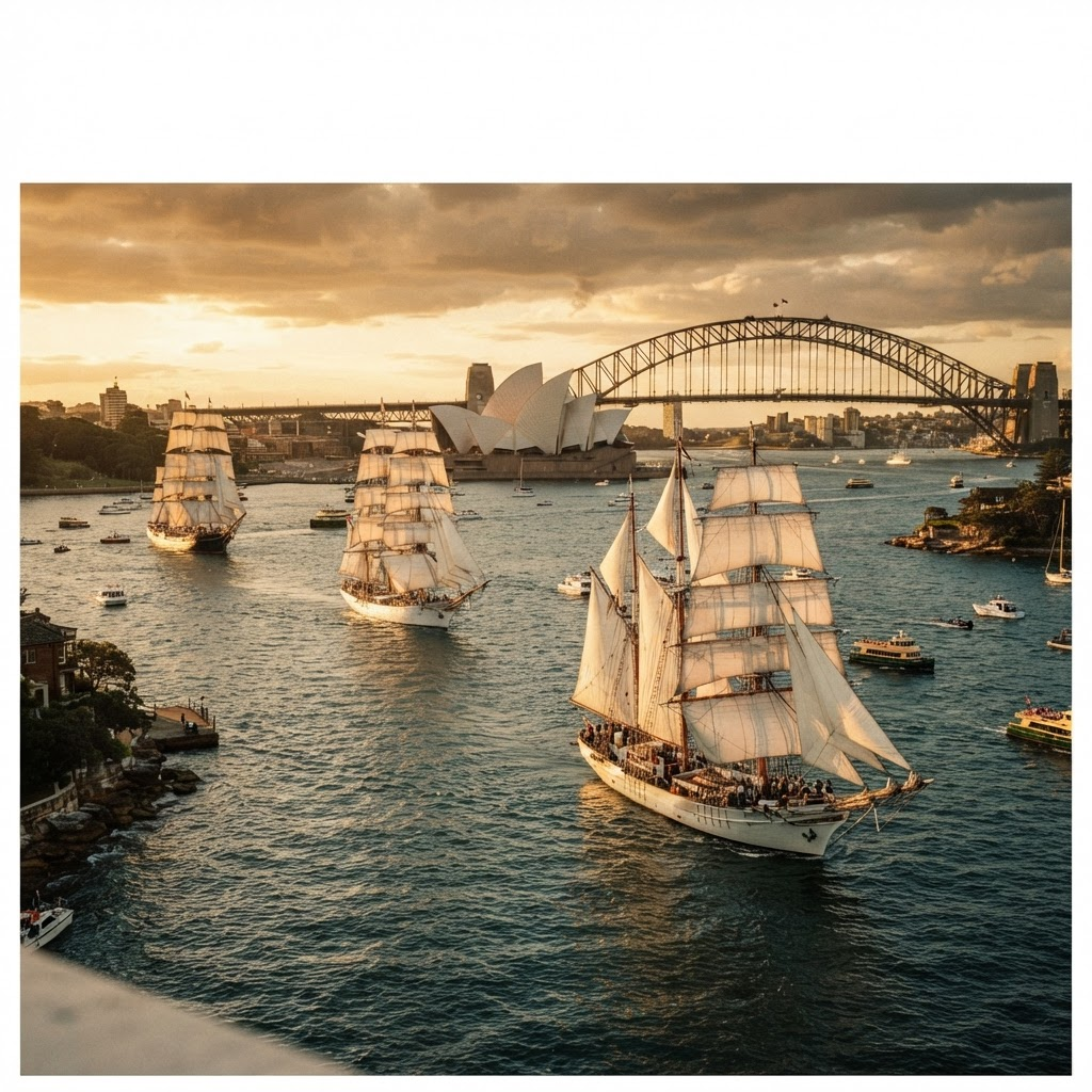 Historical sailing ships on Australian harbour
